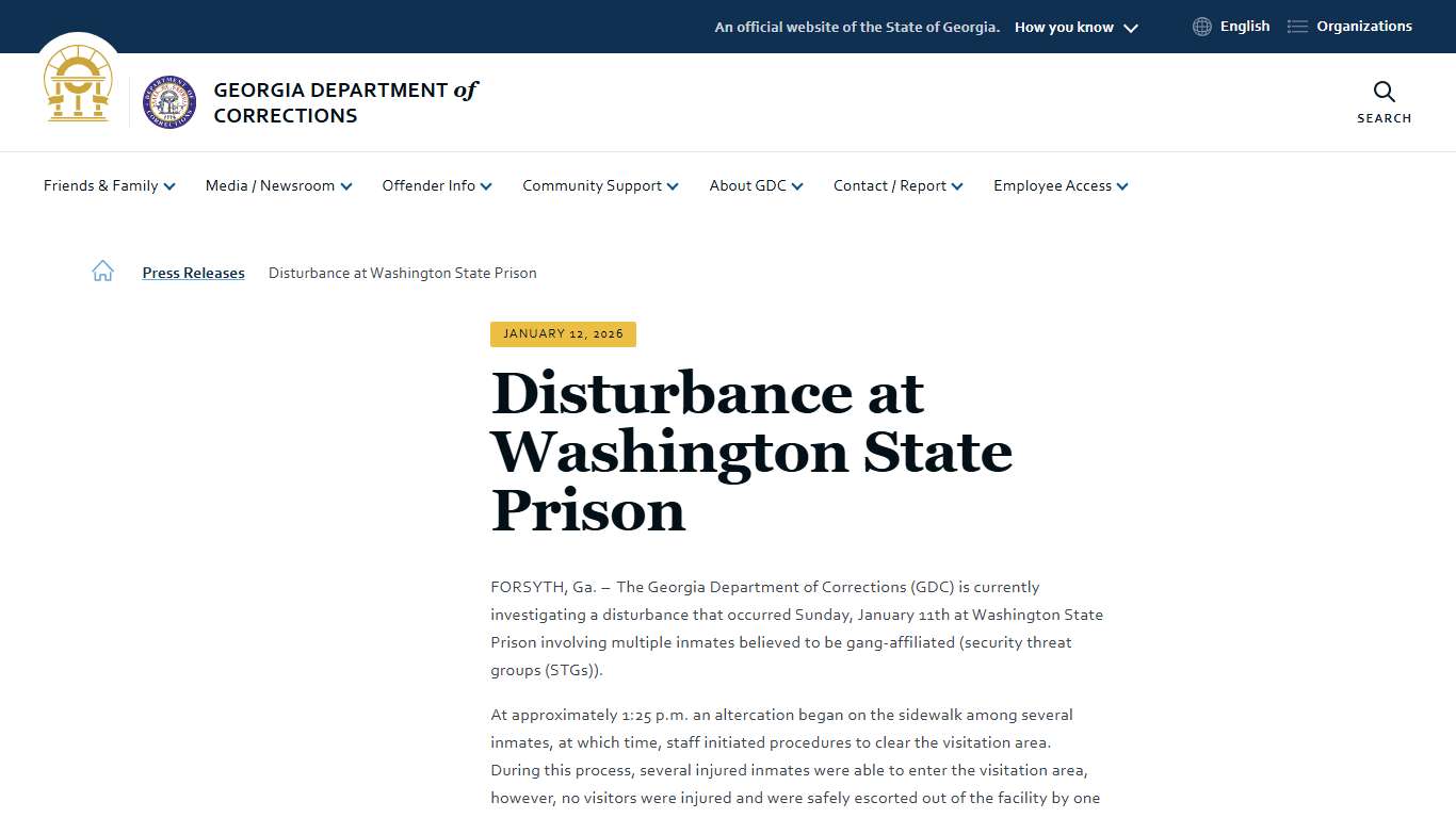 Disturbance at Washington State Prison | Georgia Department of Corrections