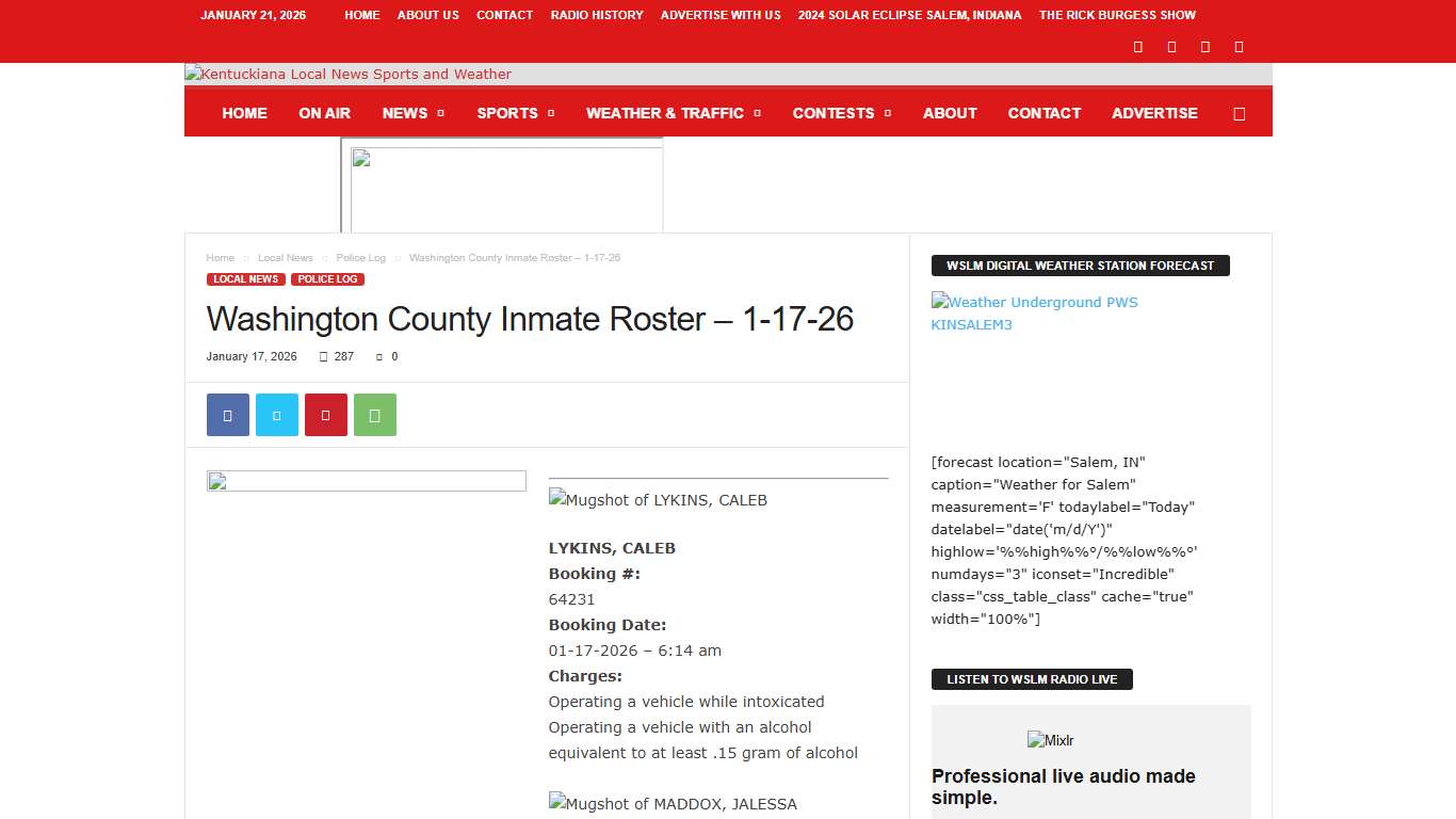 Washington County Inmate Roster – 1-17-26 | WSLM RADIO